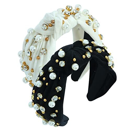 CULHEITE 2 Pack Pearly Knotted Women Headband Jeweled Embellished Gem Hairband White Black Set Luxury Fashion Hair Accessories for Women