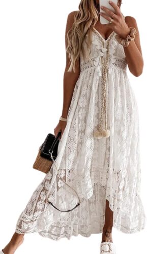 CUPSHE Women’s Summer Dresses Sleeveless Lace Casual Tassel Beach Spaghetti Straps Flowy Maxi Sun Dress