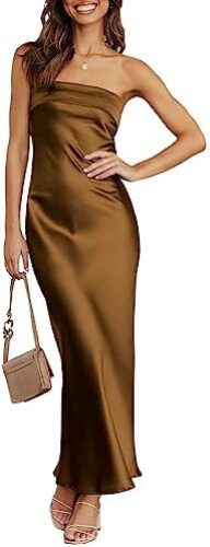 Caracilia Womens Satin Tube Sexy Backless Cut Out Formal Wedding Guest Evening Party Maxi Dresses