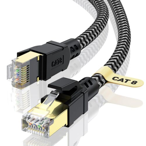 Cat 8 Ethernet Cable 25FT, High-Speed Braided Internet Cable Network Cord with Gold Plated RJ45 Connector 40Gbps 2000Mhz Heavy Duty LAN Cable Shielded Indoor