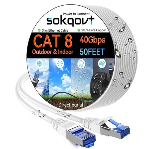 Cat 8 Ethernet Cable Slim 50ft Outdoor & Indoor, Pure Copper Cat8 Internet Cable LLDPE for Waterproof & Direct Burial, Flexible Cat8 Ethernet Cable 40G 2000MHZ, Cat 8 Network Cable White