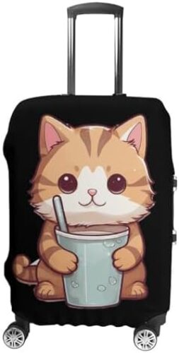 Cat Tea Bubble Tea Funny Luggage Cover Elastic Suitcase Protector Washable Travel Gear Cover Fits 19-32 Inch