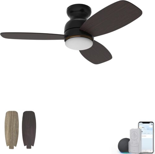 Ceiling Fan with Lights, Indoor & Outdoor Ceiling Fan，48″ Low Profile DC Smart Compatible with Alexa, Siri, Google Home & Smart APP, 2 Colors of Reversible Blades, Black & Walnut