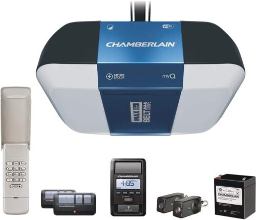 Chamberlain B1381T Smart Garage Door Opener- Battery Backup – Bright LED Lighting – myQ Smartphone Controlled – Ultra Quiet, Strong Belt Drive and MAX Lifting Power,1.25 HP, Wireless Keypad Incl, Blue