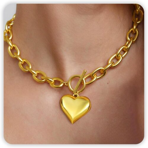 Chunky Heart Necklace, Gold Chunky Necklaces for Women with Toggle Clasp, Puffy Heart Pendant as Mother’s Day Gift, 14k Gold Statement Choker Collar Thick Chain Jewelry Birthday Gift