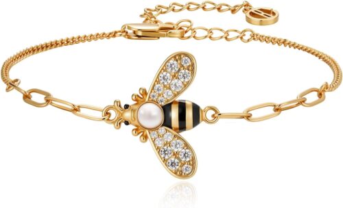 Cicy Bell Womens Bumble Bee 18K Gold Plated Bracelets Oval Pearl Cubic Zirconia Figaro Chain Trendy Cute Animal Jewelry Gift
