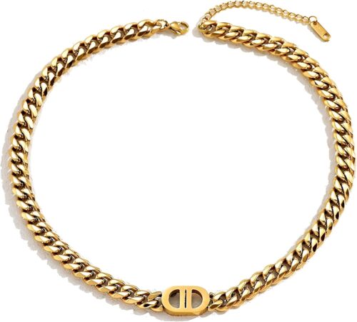 Classic silvery Letter Necklace – Stylish Cuban Chain Choker – Elegant Gift for Women & Teens