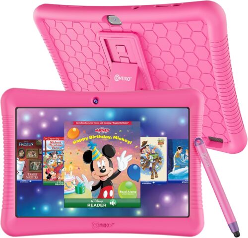 Contixo 10″ Android Kids Tablet 32GB, Includes 80+ Disney Storybooks & Stickers, Parental Controls, Kid-Proof Case with Kickstand & Stylus, (2024 Model) – Pink