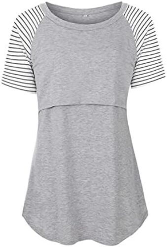 Cotton Maternity Nursing Tops Short Sleeve Breastfeeding Clothes Shirt Stripe Round Neck Blouse with Pocket