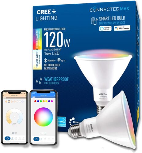 Cree Lighting Connected Max Smart Led Bulb Par38 Outdoor Flood Tunable White + Color Changing, 2.4 Ghz, Works with Alexa and Google Home, No Hub Required, Bluetooth + WiFi, 1Pk