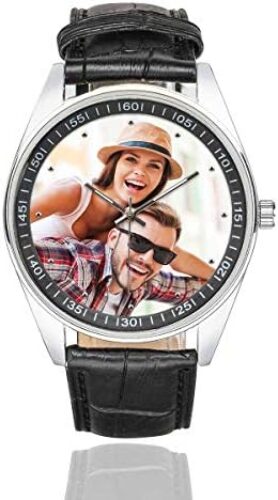 Custom Couple Photo Watch Casual Black Leather Strap Wrist Watches for Men/Your Boyfriend/Husband