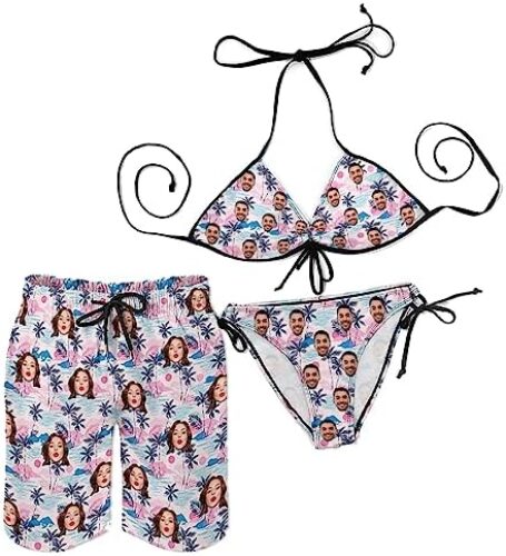 Custom Face Couple Matching Swimsuit Personalized Print Women’s Bathing Suit&Men’s Swim Trunks Beach Shorts for Summer Gift