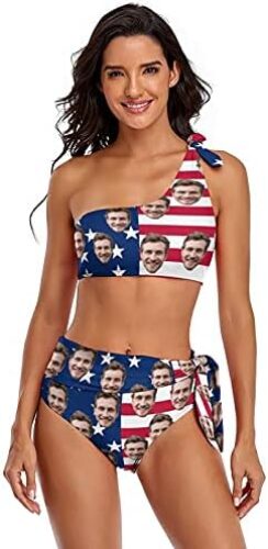 Custom Seamless Face Swimwear Personalized One Shoulder Tie Crop Top & High-Waisted Bikini Funny Swimsuit