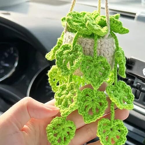 Cute Car Plant Accessories Cute Plant Crochet Car Mirror Suspension Accessories Orchid Potted Crochet Hand Woven Rearview Mirror Accessories Car Accessories Interior (Y)