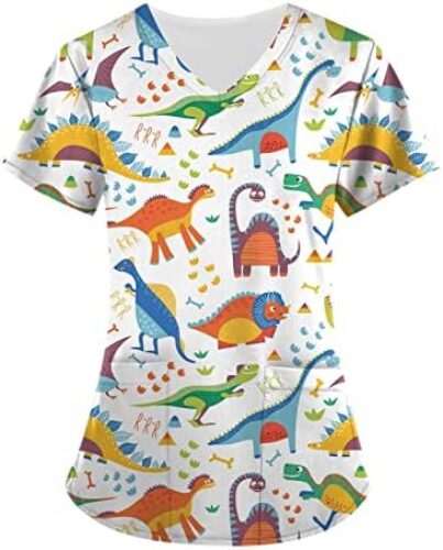 Dinosaur Scrub Tops Women Plus Size Scrub for Women Cute Animals Nursing Uniforms Cartoon Scrub Top