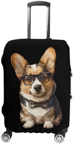 Dog Corgi with Glasses Bowtie Funny Luggage Cover Elastic Suitcase Protector Washable Travel Gear Cover Fits 19-32 Inch