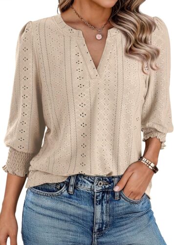Dokotoo 3/4 Length Sleeve Womens Tops Dressy Casual V Neck Cute T-Shirts Hollow Out Blouses