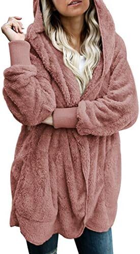 Dokotoo Womens 2023 Winter Long Sleeve Solid Fuzzy Fleece Open Front Hooded Cardigans Jacket Coats Outerwear with Pocket