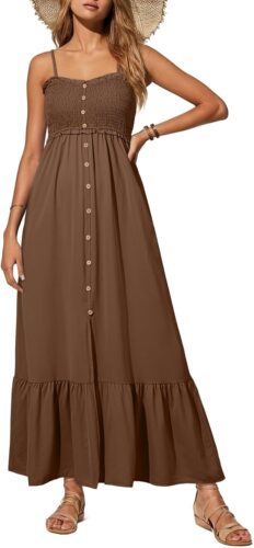 Dokotoo Womens Summer Dresses 2025 Sleeveless Spaghetti Strap Button Down Smocked Beach Vacation Long Maxi Dress with Pockets