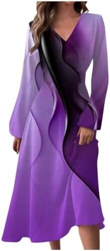 Dresses for Women Fall Winter Casual Fashion V-Neck Long Sleeve Gradient Print Long Dress