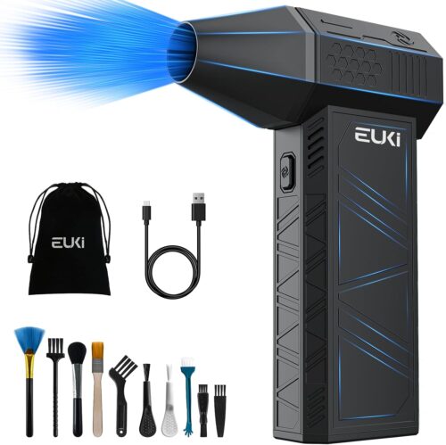 EUKI Compressed Air Duster-150000RPM Electric Air Duster, Cordless Rechargeable High-Speed Air Blower, 3-Gear Adjustable Jet Dry Blower for Keyboard, PC, Car, Air Bed and Home Cleaning, Black