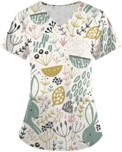 Easter Day Costumes for Women Cute Bunny Printed Workwear T-Shirts Short Sleeve V Neck Scrub Tops Shirts Pockets