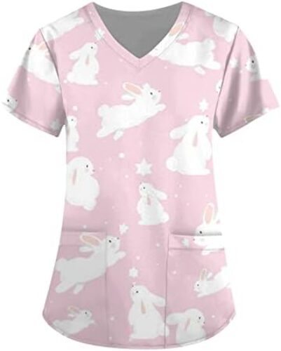 Easter Scrubs for Women Short Sleeve Nursing Uniform with Pocket Bunny Egg Hunt Print V Neck Holiday Workwear Blouse