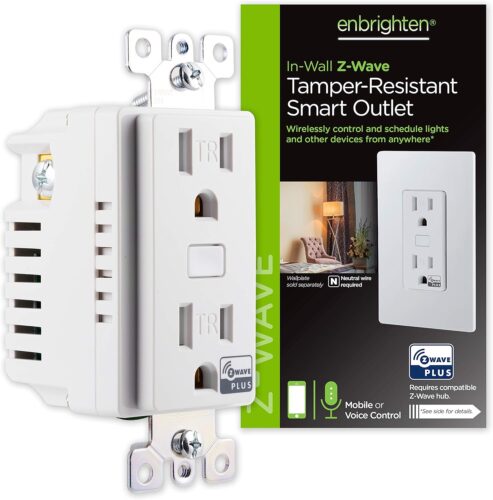 Enbrighten Z-Wave Plus Smart Receptacle, Works with Alexa, Google Assistant, Tamper-Resistant, 1 Z-Wave Outlet & 1 Always On Outlet, Hub Required, White, Smart Outlet, Lamps, Small Appliances, 55256