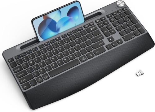 Ergonomic Wireless Keyboard with Wrist Rest-Low-Profile,Phone/Tablet Holder,Quiet Design，Windows & Mac OS，Full Size Cordless USB Computer Keyboard for Desktop,Laptop, PC, Mac, Windows-Grey