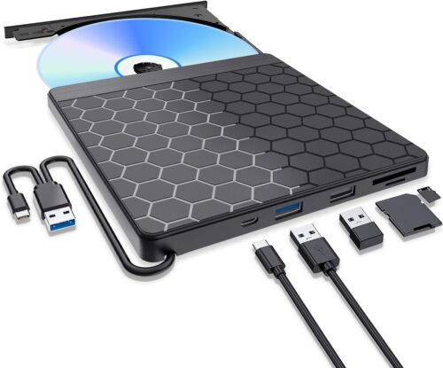 External CD/DVD Drive for Laptop, USB 3.0 CD Burner External DVD Drive with 2 USB Ports and 2 TF/SD Card Slots, DVD Player for Laptop, External CD Drive for Laptop Mac,PC,Windows 11/10/8.1/7