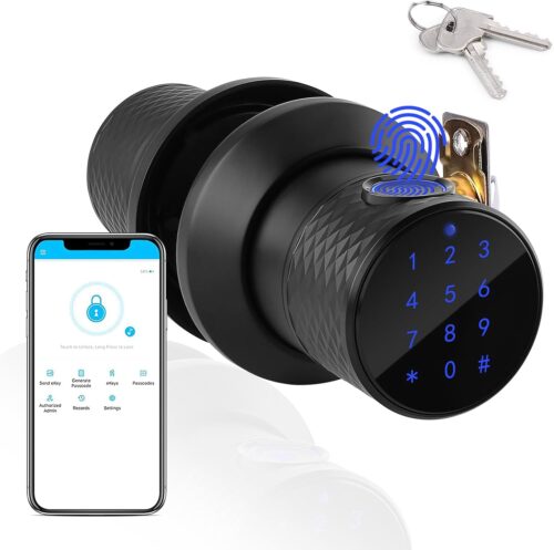 Fingerprint Door Knob, FITNATE Smart Fingerprint Lock with Tuya App Control,255 Users,Password Management, Anti-Slip Handle Door Knob for Bedroom,Home,Hotel,Office