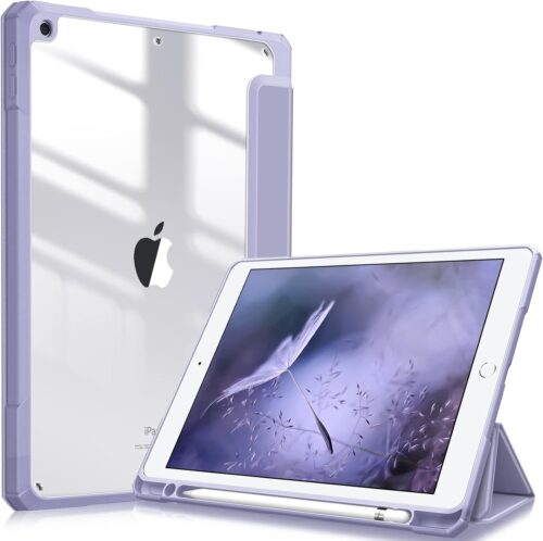 Fintie Hybrid Slim Case for iPad 9th / 8th / 7th Generation (2021/2020 / 2019) 10.2 Inch – [Built-in Pencil Holder] Shockproof Cover with Clear Transparent Back Shell, Lilac Purple
