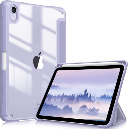 Fintie Hybrid Slim Case for iPad Mini 7 (A17 Pro, 7th Generation) 2024 / iPad Mini 6 (6th Gen) 8.3 Inch, [Built-in Pencil Holder] Shockproof Cover Clear Transparent Back Shell, Lilac Purple