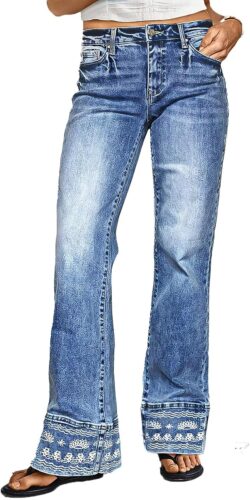 Flamingals Mid Rise Bootcut Jeans for Women with Embroidery Hem Stretchy Wash Straight Leg Jeans Causal Trendy