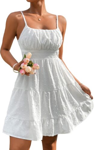 Floerns Women’s Swiss Dots Sleeveless Ruched Bust Ruffle Hem Cami Short Dress