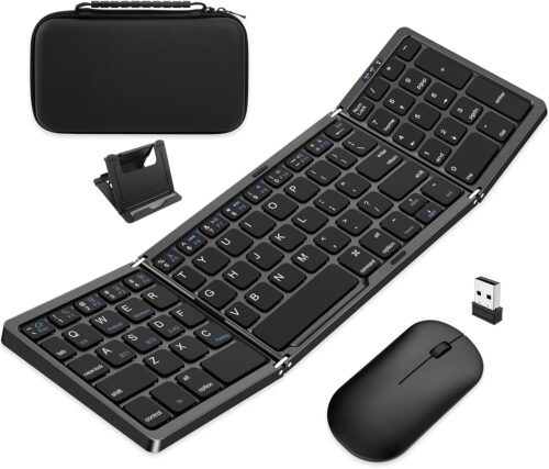 Foldable Keyboard and Mouse, EDJO Folding Wireless Keyboard Mouse Combo with Portable Case, Rechargeable 2.4G+Bluetooth Multi-Device Combo for Windows, iOS, Android, MacOS PC/Laptop/Tablet