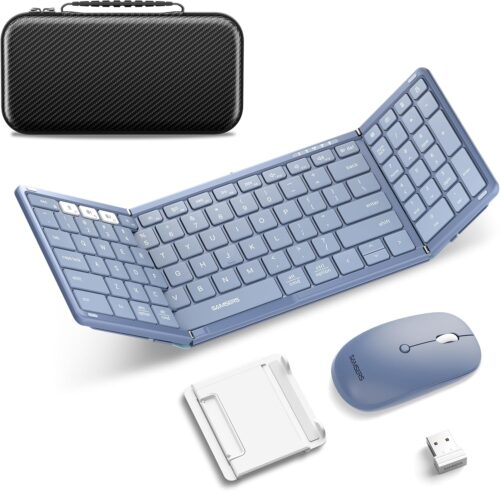 Foldable Keyboard and Mouse, Samsers Folding Bluetooth Keyboard Mouse Combo, 2.4G + BT5.0 x 2, Full-Size Portable Travel Keyboard & Rechargeable Wireless Mouse for Windows Android iOS Mac OS, Blue