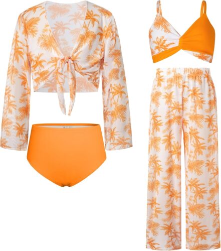 GRACE KARIN Teen Girls Bathing Suits Kids 4 Piece Long Sleeve Swimsuit Kimono Up Pants Bikini Tankini Set Swimwear