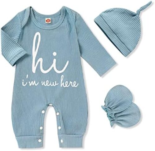 GRNSHTS Newborn Baby Boy Romper Coming Home Outfits Letter Print Bodysuit Jumpsuit+Hat+Gloves 3PCS Clothes Set