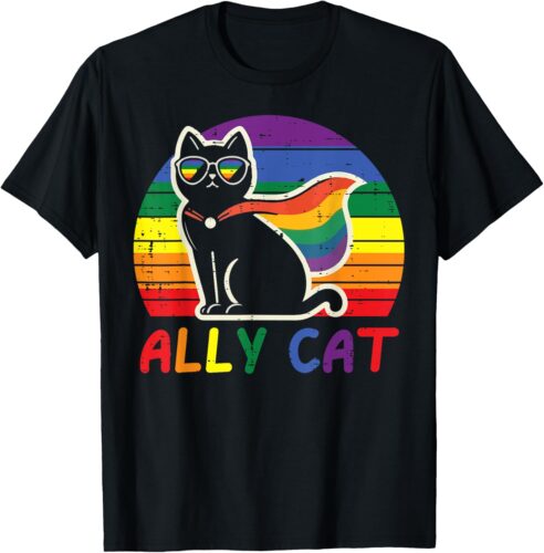 Gay Pride Month Ally Cat Funny LGBTQ Rainbow Men Women Kids T-Shirt