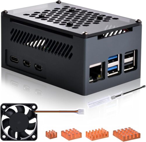 GeeekPi Aluminum Case for Raspberry Pi 5, with 4010 PWM Fan and Copper Heatsinks for Raspberry Pi 5, Support Official Raspberry Pi 5 Active Cooler, X1000/X1001/X1003/N04/N05 PCIe Peripheral Board