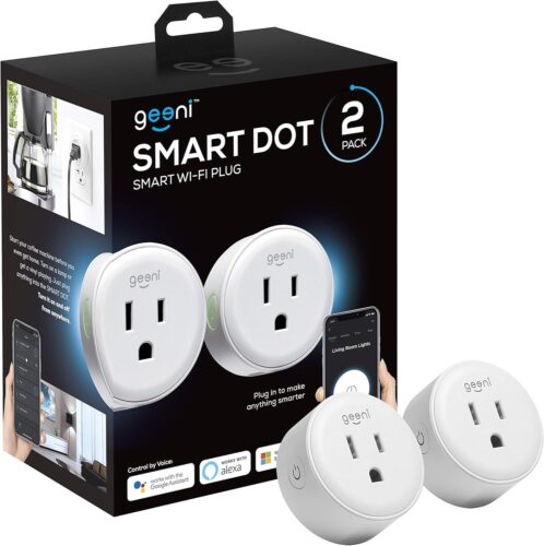 Geeni Dot Smart Wi-Fi Outlet – 2 Pack, Compact Design, Control Appliances with Alexa, Google Assistant, and the Geeni App, Energy Monitoring, Voice Control, 2.4GHz, White
