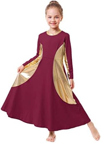 Girls Metallic Gold Color Block Liturgical Praise Dance Dress Loose Fit Full Length Ruffle Tunic Skirt Worship Costume
