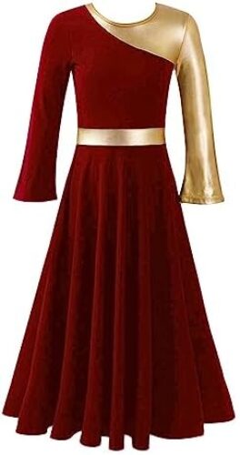 Girls Praise Dance Robe Liturgical Worship Metallic Patchwork Bell Long Sleeve Dress Loose Fit Church Dancewear