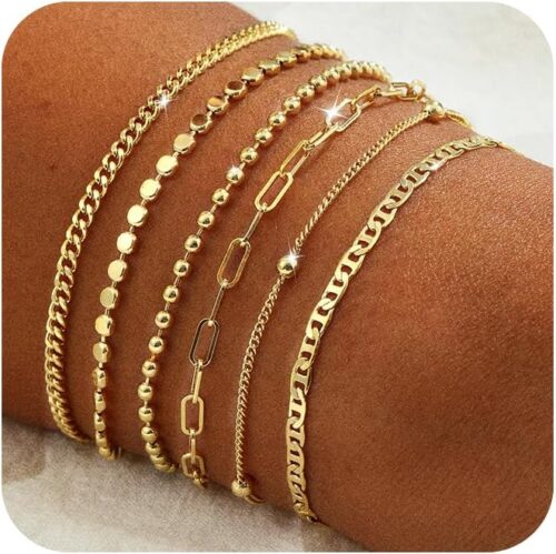 Gold Bracelets for Women Trendy, 14k Real Gold Plated Paperclip Bead Chain Bracelet Set Stackable Dainty Layerd Minimalist Bracelet Stack, Waterproof Non Tarnish Gold Jewelry Gift for Her Everyday Wear