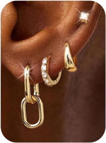 Gold Hoop Earrings for Women, Trendy 14K Gold Plated Hypoallergenic Link Huggie Earrings Stack, Dainty Dangle Earrings Set for Multiple Piercing