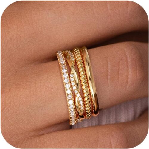 Gold Stackable Rings for Women Non Tarnish – Dainty 18K Gold Plated Stackable Thin Rings Cubic Zirconia Thumb Ring Set Trendy Statement Promise Wedding Bands Engagement Ring for Women Size 5-10