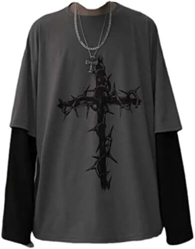 Grunge Gothic Clothes Harajuku Fashion Alt Emo Clothing Oversized Casual Long Sleeves Crewneck T-Shirt Tee Streetwear