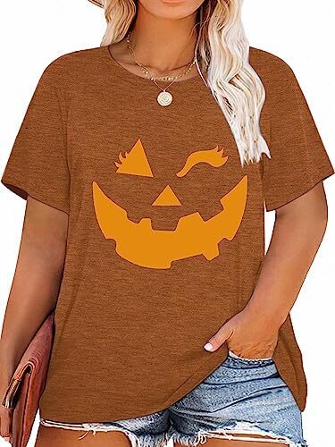 HDLTE Women’s Crewneck Short Sleeve Shirts Plus Size Halloween Pumpkin Tops Casual Fall Tees 1x-5x