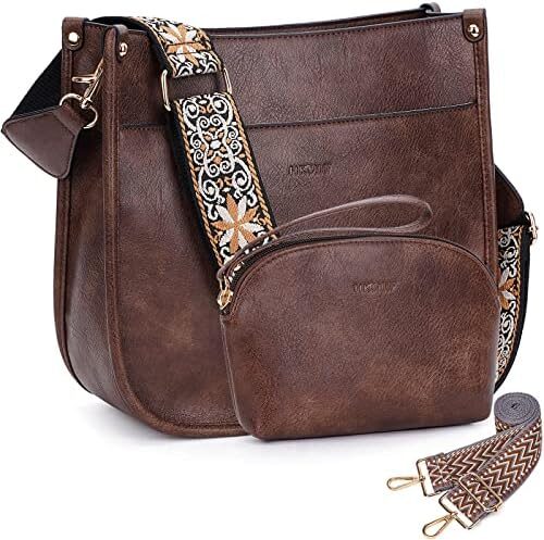 HKCLUF Crossbody Bag Purse for Women 2Pcs Leather Hobo Handbag Wallet Set With 2Adjustable Guitar Leopard Strap Crossbody Bag